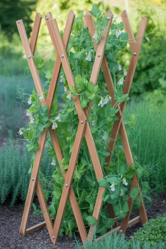 Portable folding garden trellis supporting climbing vegetables in a small backyard garden
