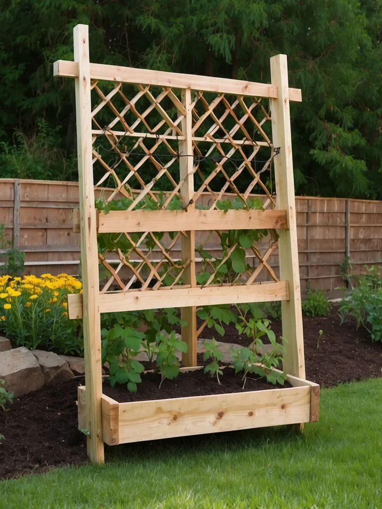 Folding garden trellis placed in a raised bed for vertical growing of climbing vegetable plants