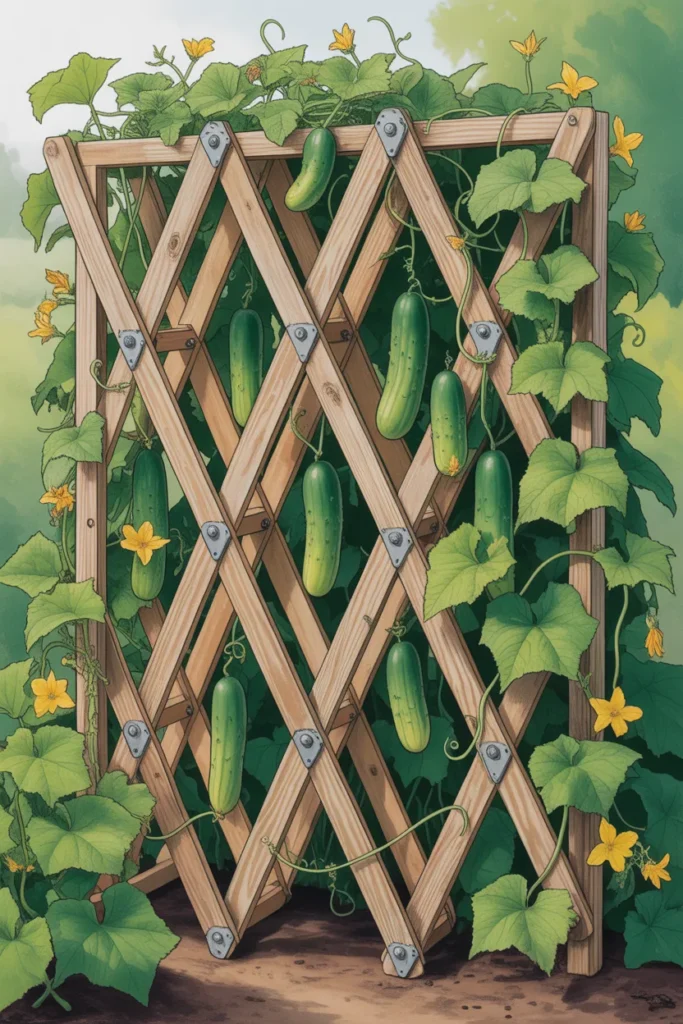 Portable folding cucumber trellis placed in full sun garden bed
