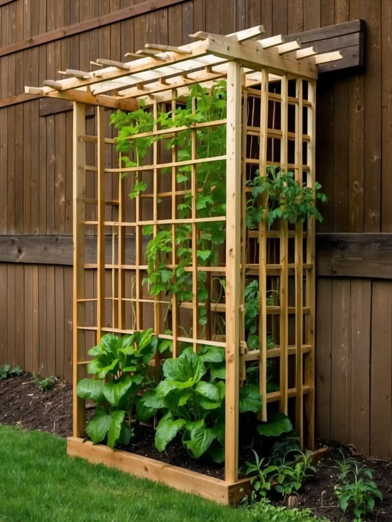 folding wooden vegetable trellis supporting climbing vegetables in small garden