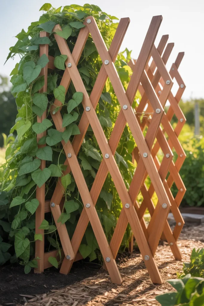 Collapsible metal trellis panel used for supporting climbing green beans in a small garden