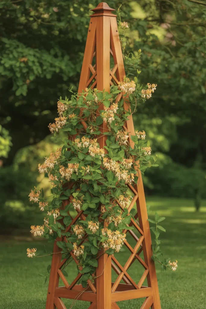 Tall obelisk trellis design featured in compact-space honeysuckle trellis ideas.