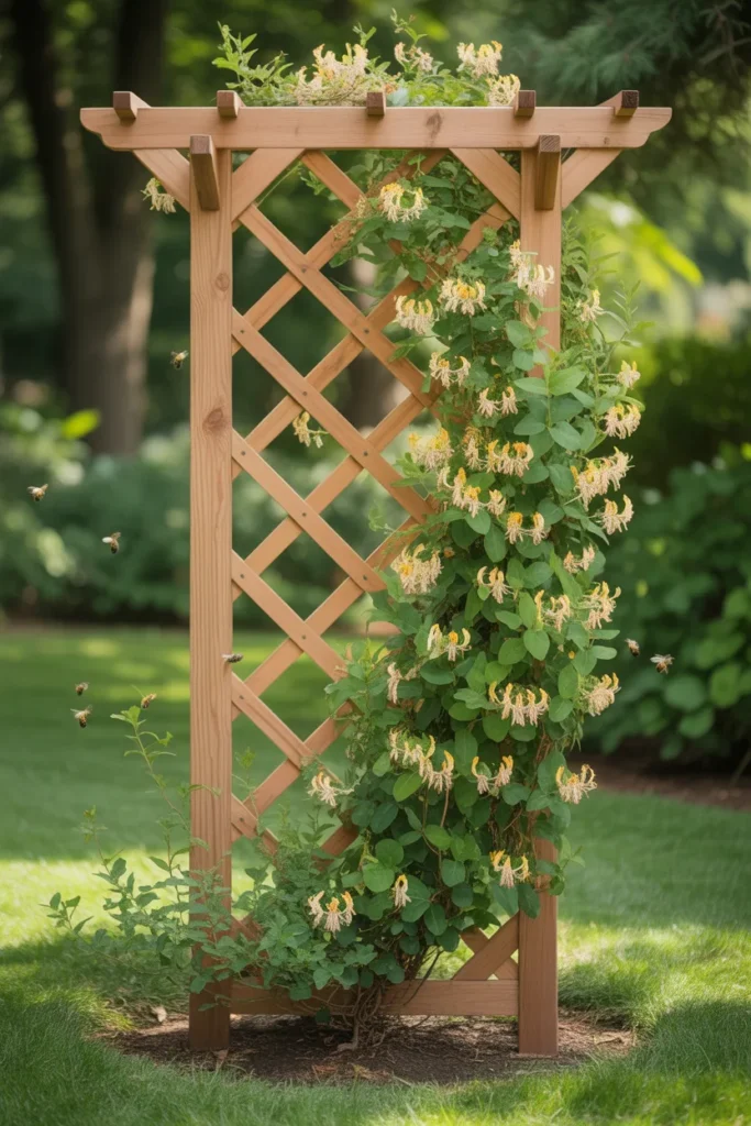 Standalone garden wall panel covered in vines representing lush honeysuckle trellis ideas.