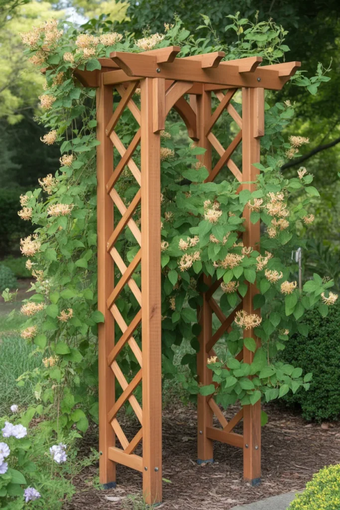 Freestanding wooden grid panel example of classic honeysuckle trellis ideas for garden beds and patios.