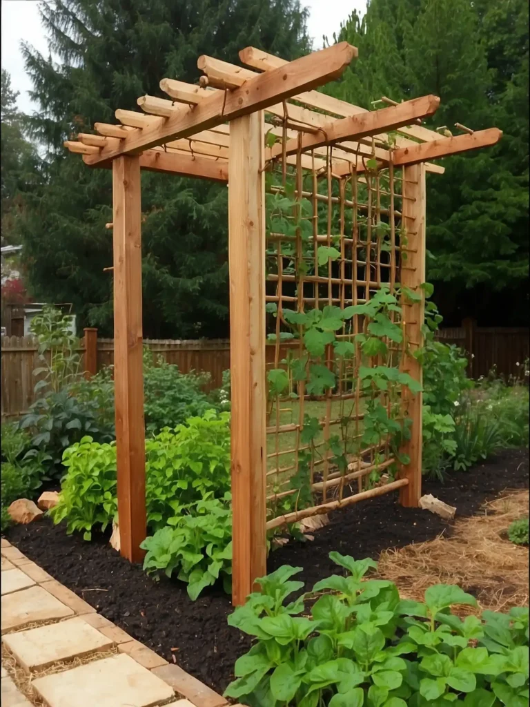 garden arbor vegetable trellis entrance covered with bean and cucumber vines
