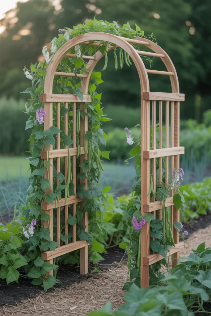 garden arch trellis covered with climbing bean plants forming green tunnel