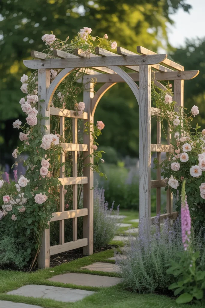 Decorative garden arch trellis covered with climbing bean vines forming a green tunnel