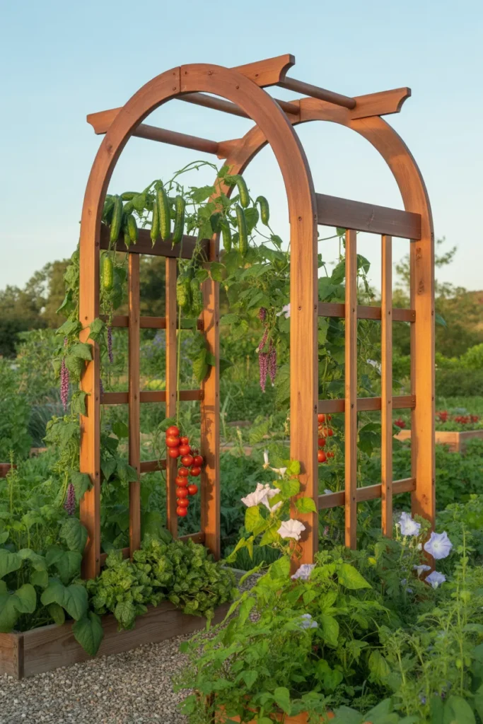  decorative garden arch vegetable trellis covered with climbing bean vines
