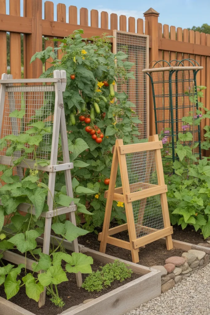 vegetable trellis attached to garden fence with peas and bean vines climbing