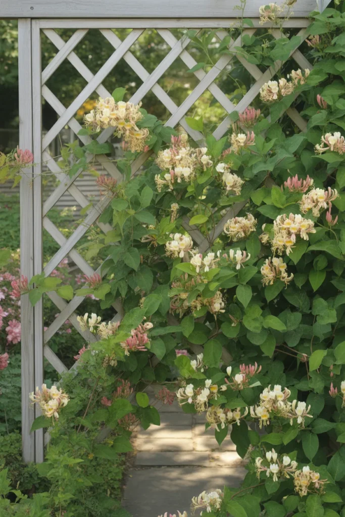  Garden fence enhanced with lattice panel as part of privacy-focused honeysuckle trellis ideas.