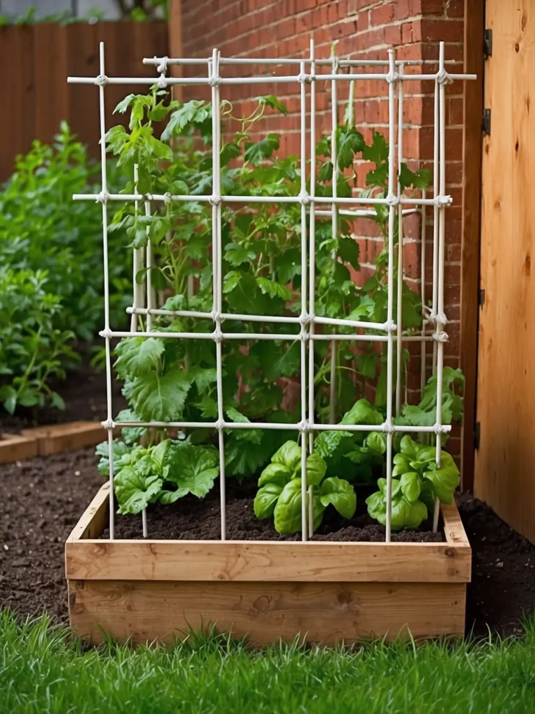 metal grid vegetable trellis supporting cucumbers in organized garden bed