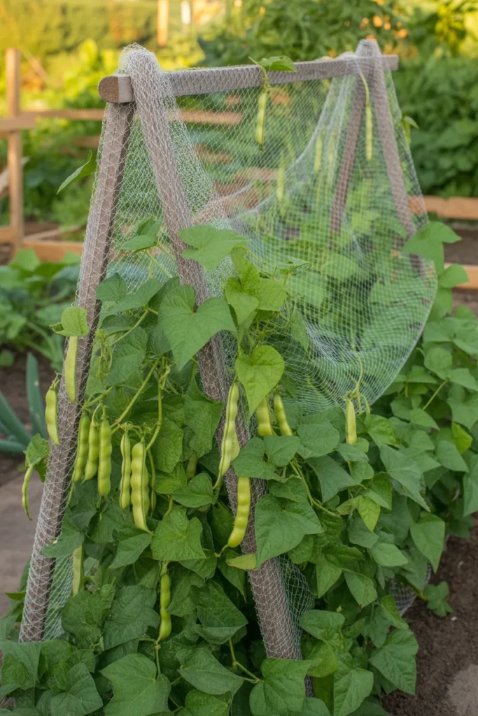 Garden netting trellis supporting climbing green bean plants in a raised bed setup.