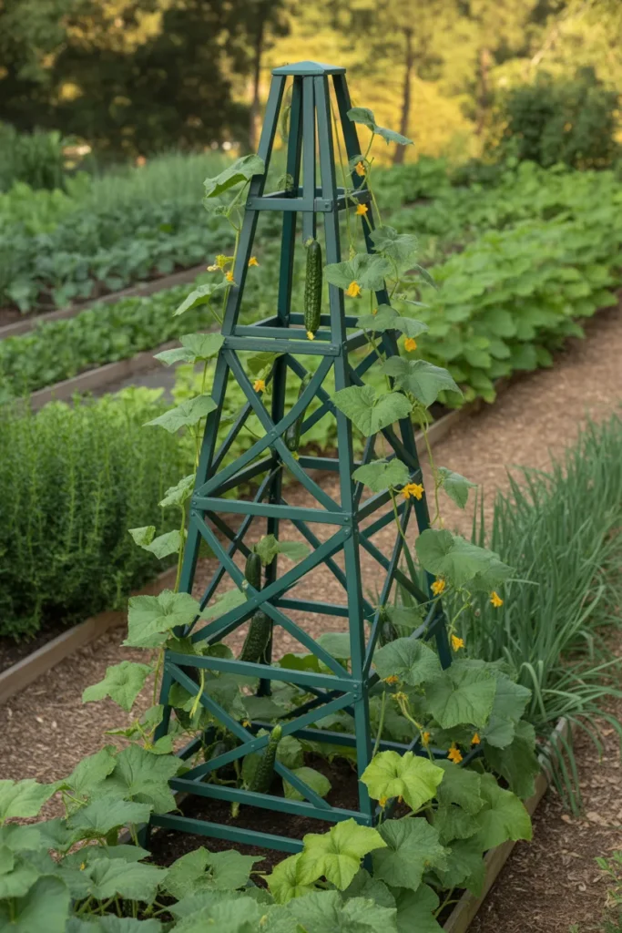 Decorative obelisk trellis in a raised bed with cucumbers climbing