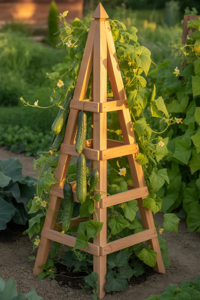 metal obelisk, vegetable trellis, growing pole beans in raised garden bed