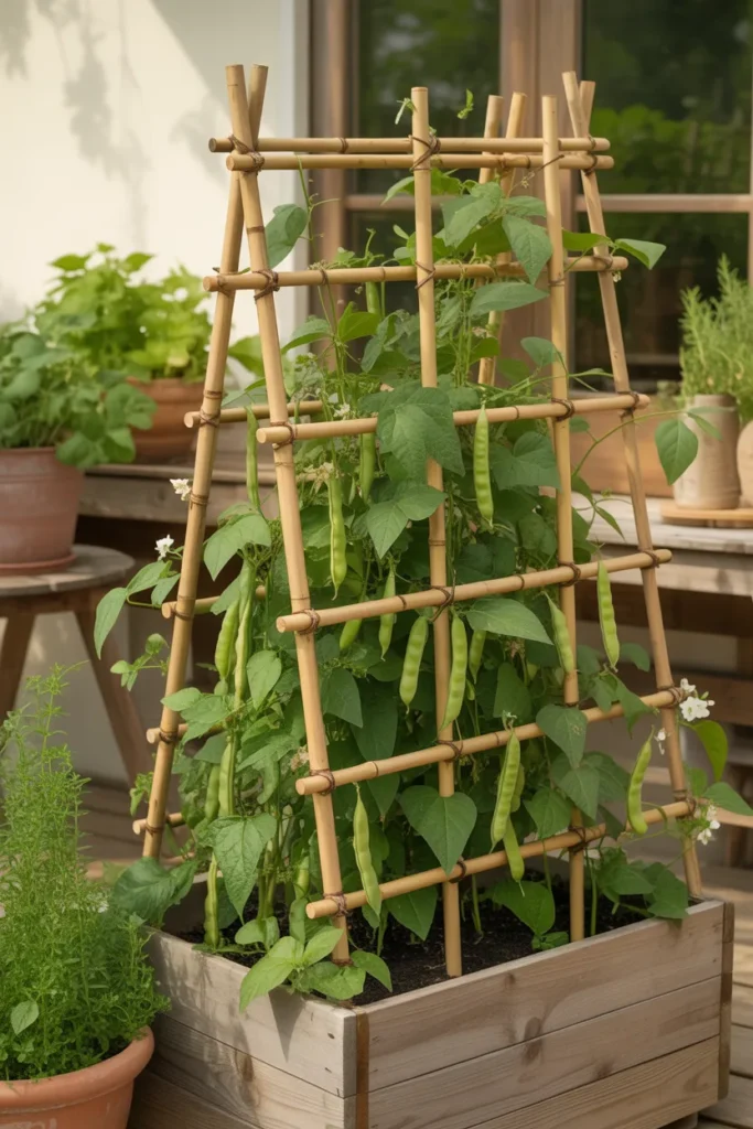 Green bean plants growing in large containers with vertical stake trellis support
