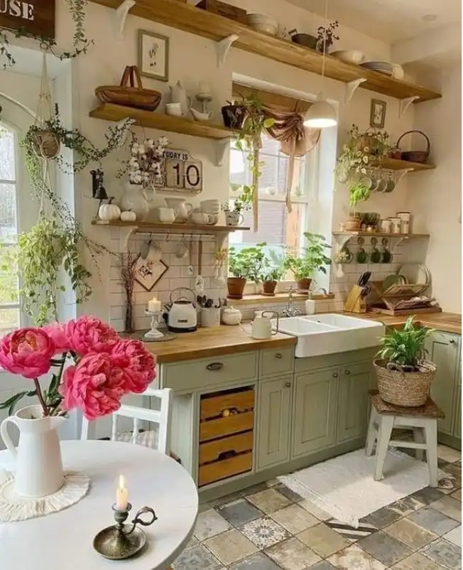 farmhouse kitchen wall decor with greenery and plants fresh natural kitchen look