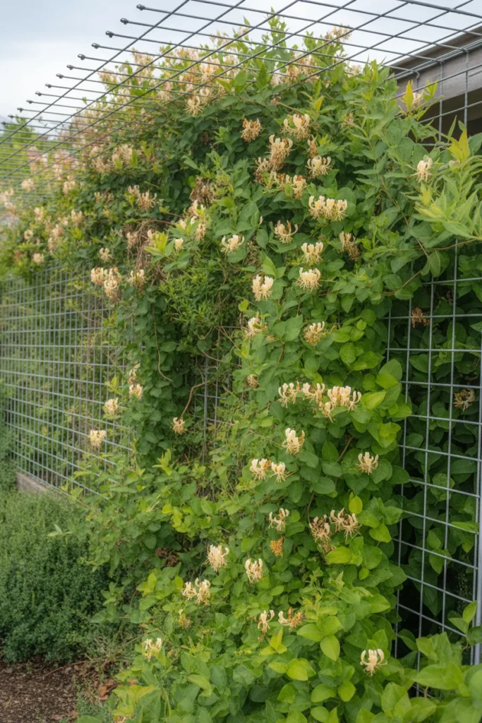 Minimalist grid wire structure highlighting modern honeysuckle trellis ideas.