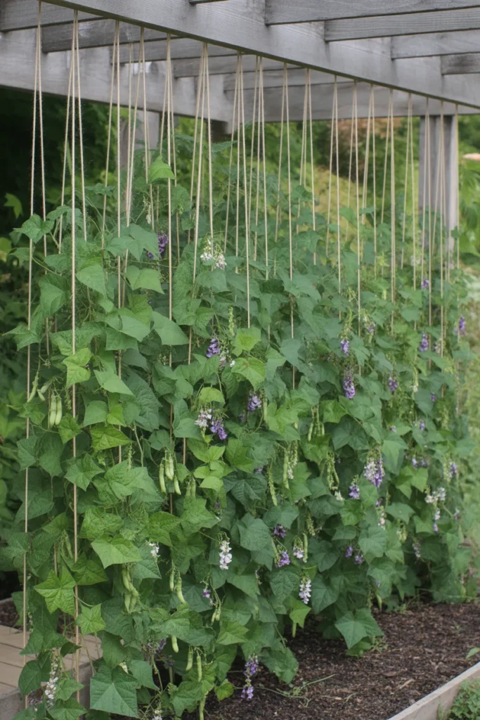 hanging string trellis with climbing beans growing vertically in garden