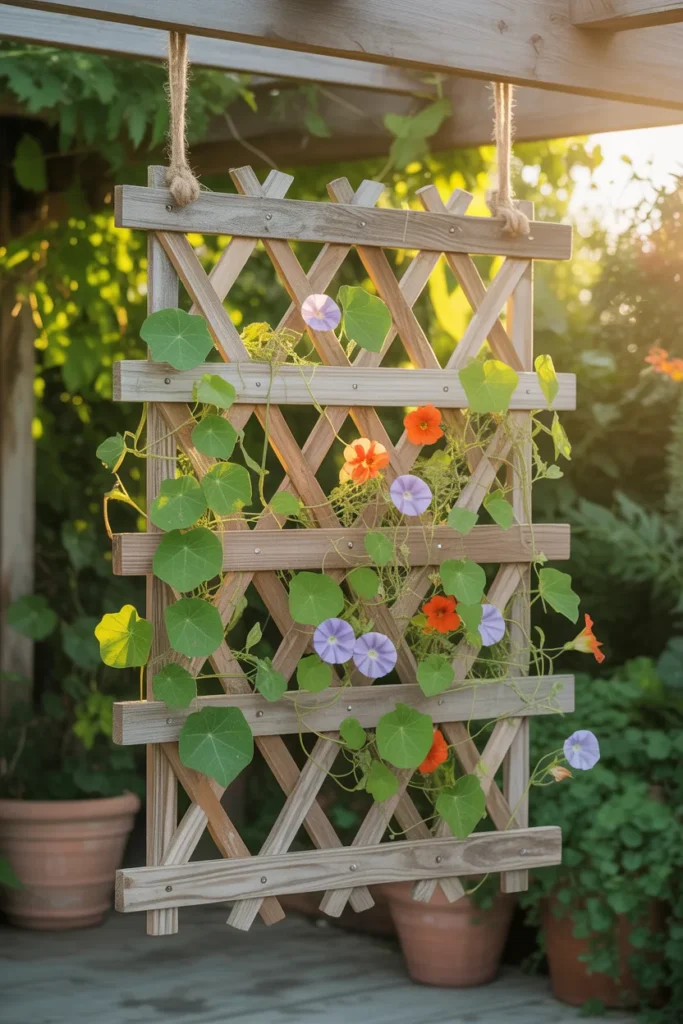 Hanging garden trellis made with twine suspended from a wooden frame supporting climbing vegetables