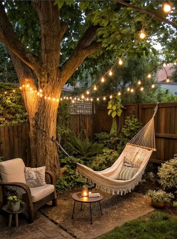 rustic garden ideas hanging lantern lights in backyard garden
