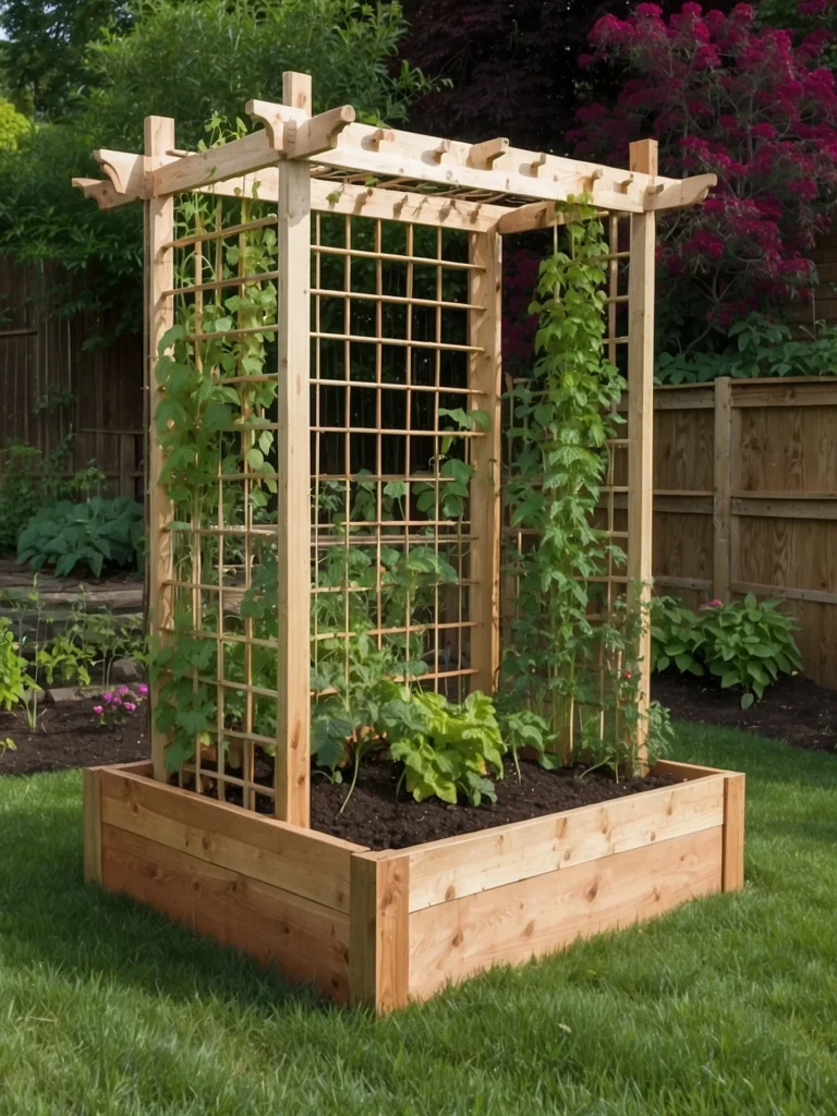 Hanging rope trellis above a raised garden bed supporting climbing cucumber plants