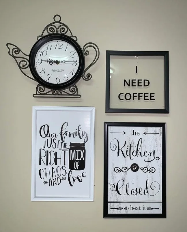 farmhouse kitchen wall decor with wooden frames and family photos warm cozy look