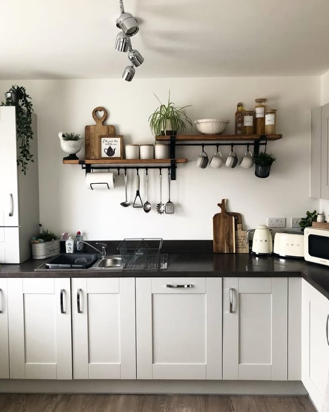 kitchen wall shelf with hooks mug hanging storage idea