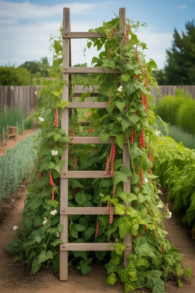 rustic wooden ladder trellis used for climbing bean plants in garden
