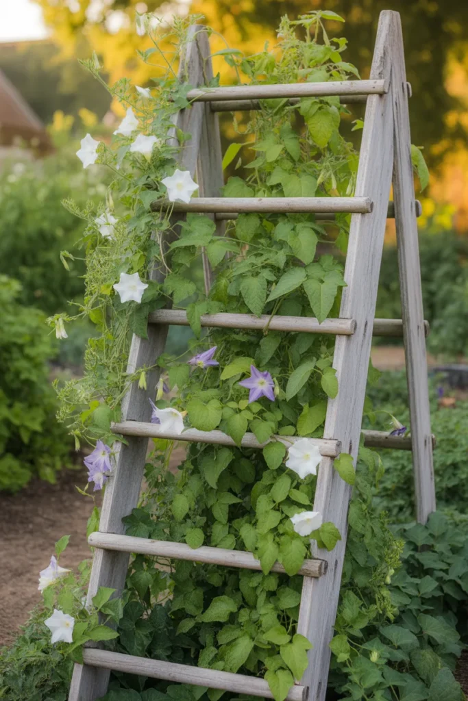 Repurposed wooden ladder trellis used for growing climbing vegetables like cucumbers and beans