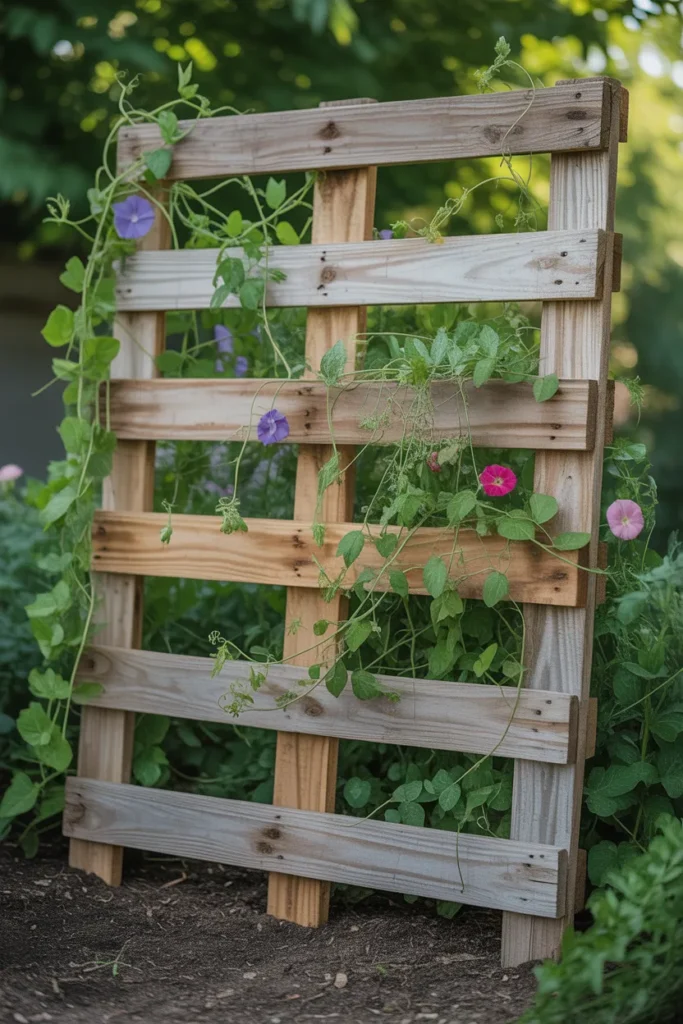 Vertical pallet ladder trellis used for growing cucumbers and climbing vegetables in small spaces