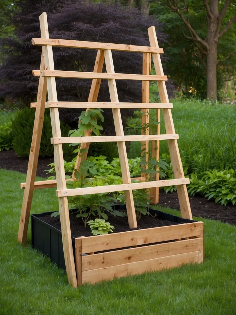 Ladder style wooden trellis mounted on a raised bed supporting climbing beans and peas