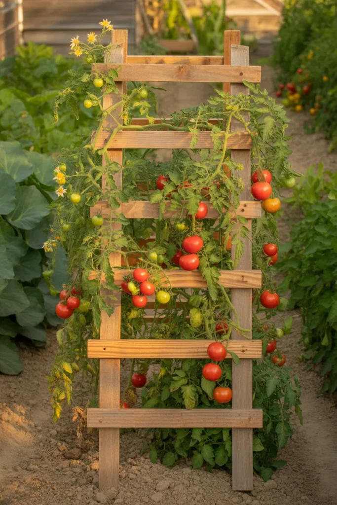 Ladder style tomato trellis supporting growing tomato plants