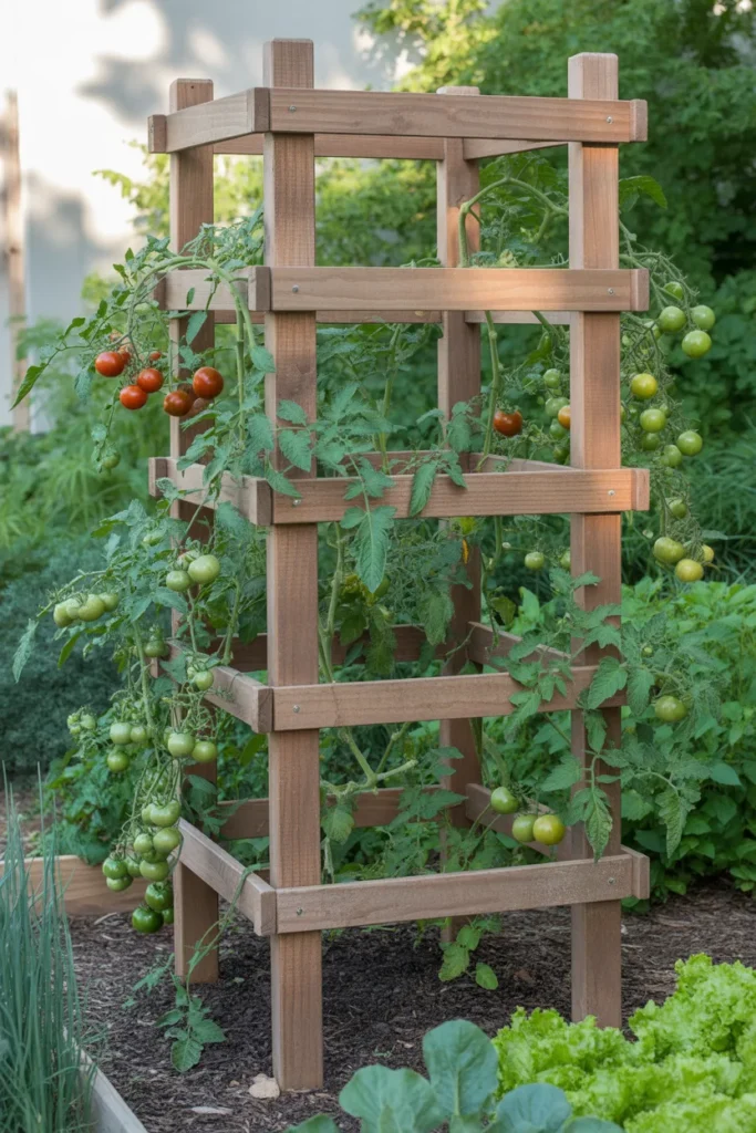 rustic ladder vegetable trellis with climbing cucumber vines in backyard garden