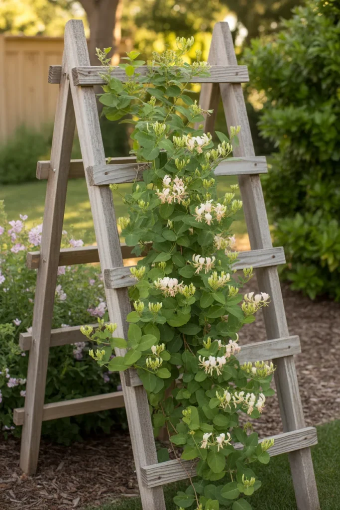  Repurposed wooden ladder used in rustic honeysuckle trellis ideas for vertical vine support.