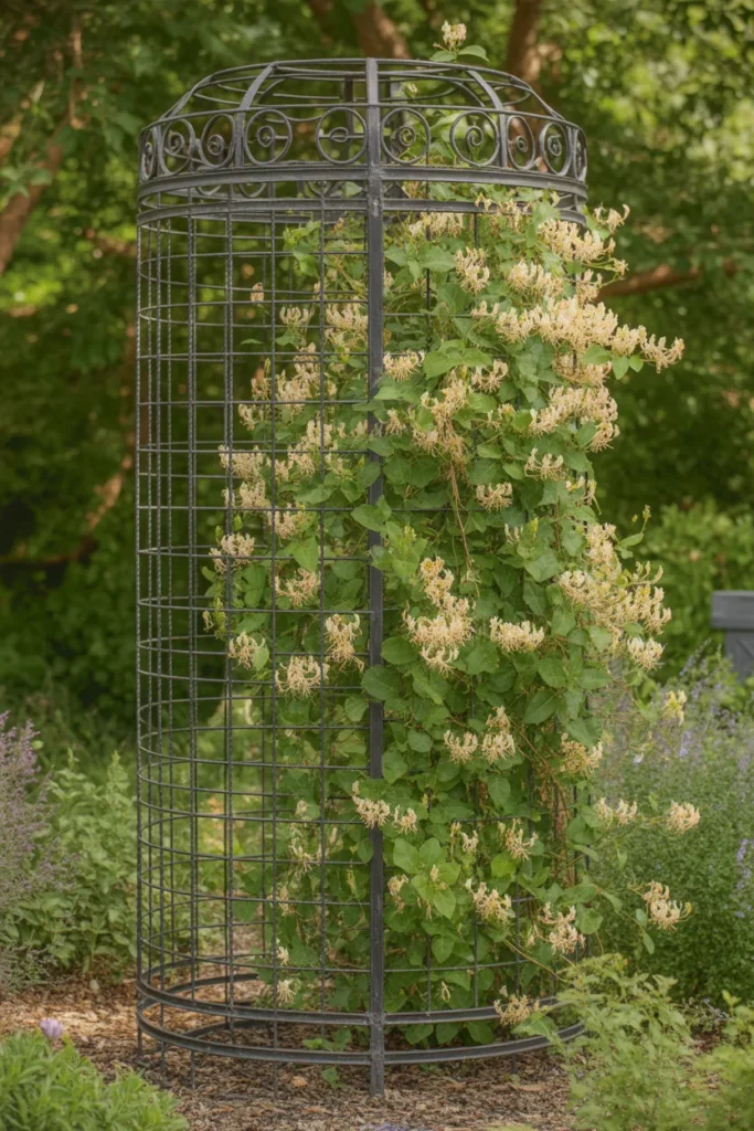 Strong metal cage structure supporting climbing vines in durable honeysuckle trellis ideas.