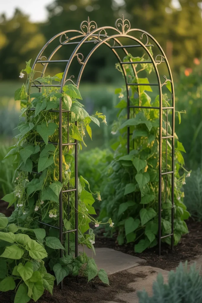 Decorative metal garden arch trellis covered with climbing green bean plants