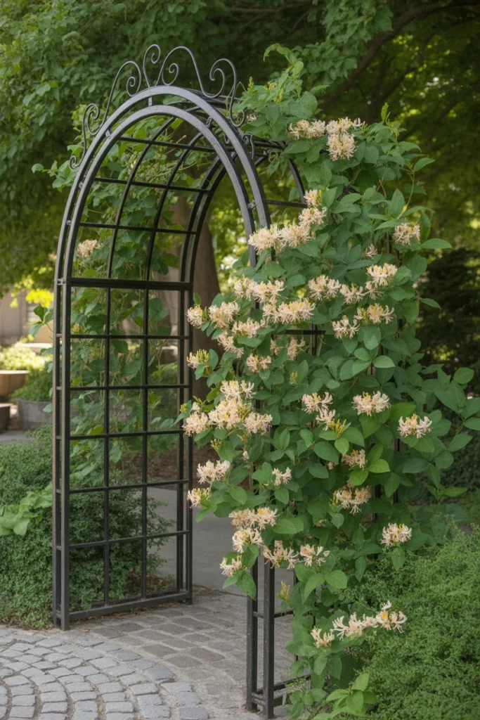 Metal wire archway forming a floral tunnel inspired by romantic honeysuckle trellis ideas.