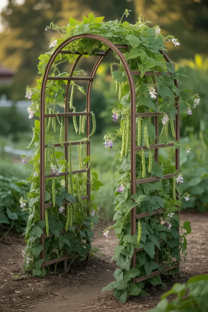 garden arch trellis with climbing beans forming a lush green tunnel