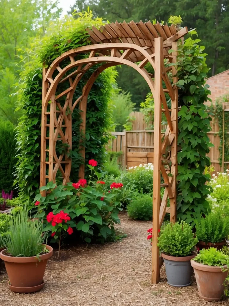 Raised bed garden arch trellis with cucumbers and beans climbing on both sides
