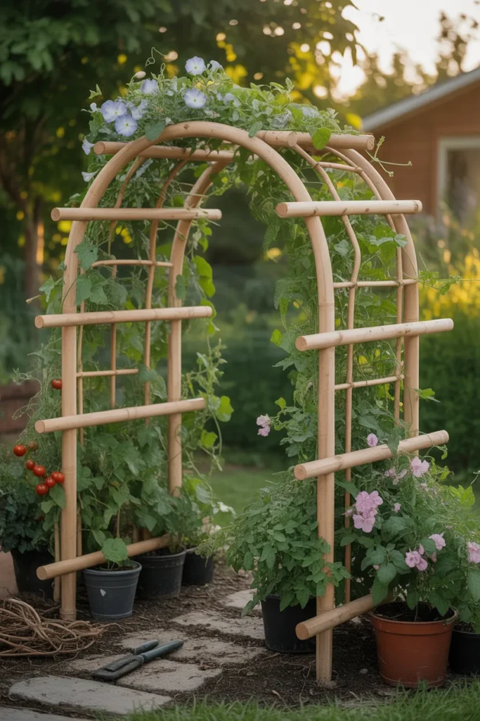 Garden arch trellis with beans and cucumbers climbing on both sides creating a lush walkway