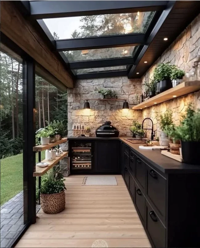 outdoor kitchen wall with natural stone design durable and modern outdoor cooking space