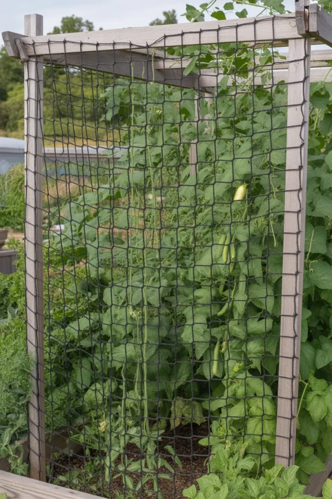 garden netting vegetable trellis for peas and beans climbing in backyard garden