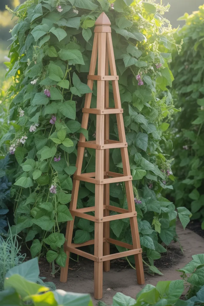 decorative obelisk trellis with climbing bean vines in backyard garden