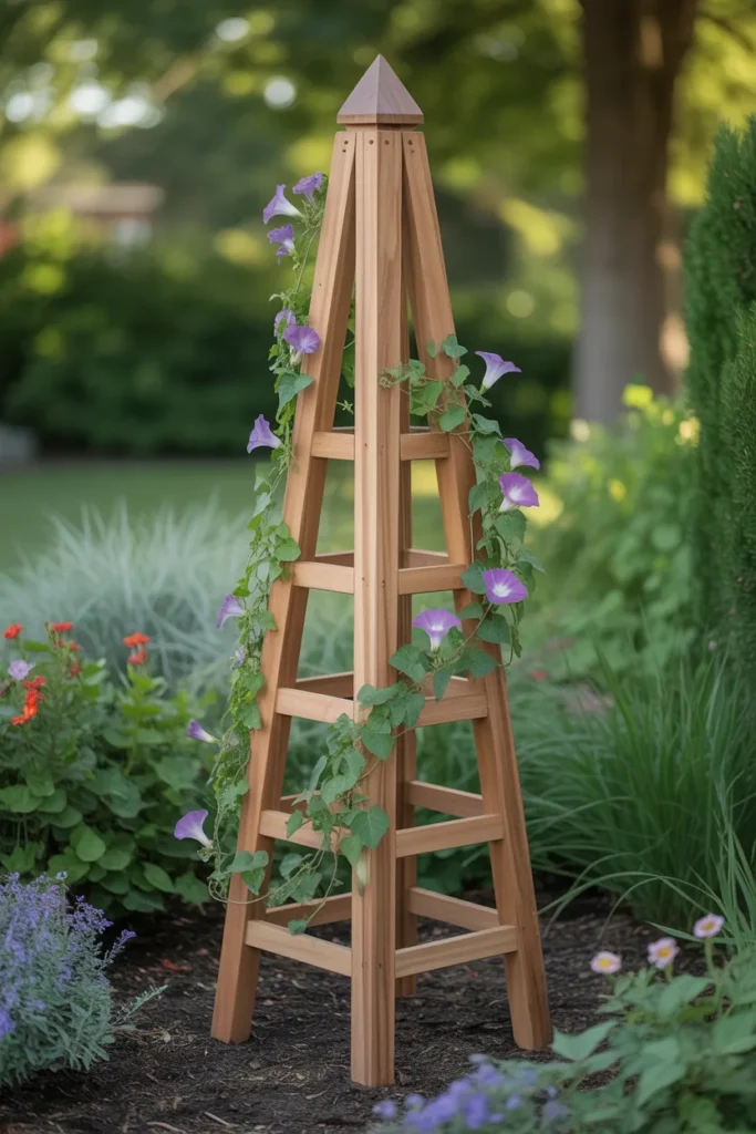 Pyramid shaped obelisk garden trellis with climbing pea plants growing upward