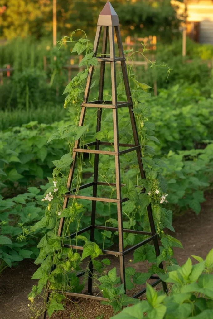 Metal obelisk trellis used for vertical green bean growing in a decorative garden bed