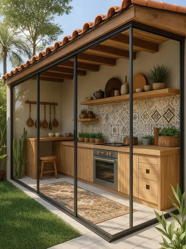 outdoor kitchen wall shelves with storage jars and tools organized cooking space
