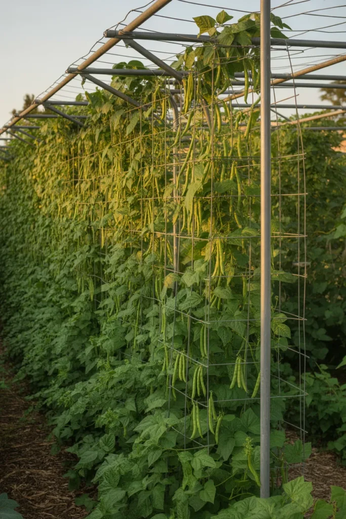 Overhead wire trellis system with vertical strings for high-yield green bean production