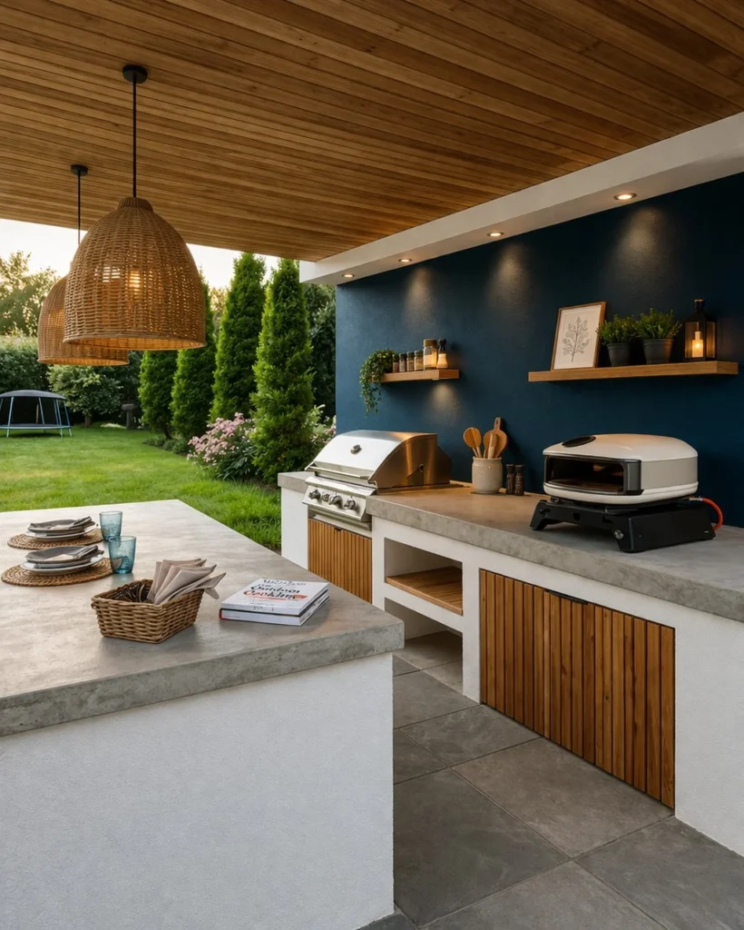 outdoor kitchen accent painted wall bold color modern outdoor kitchen style