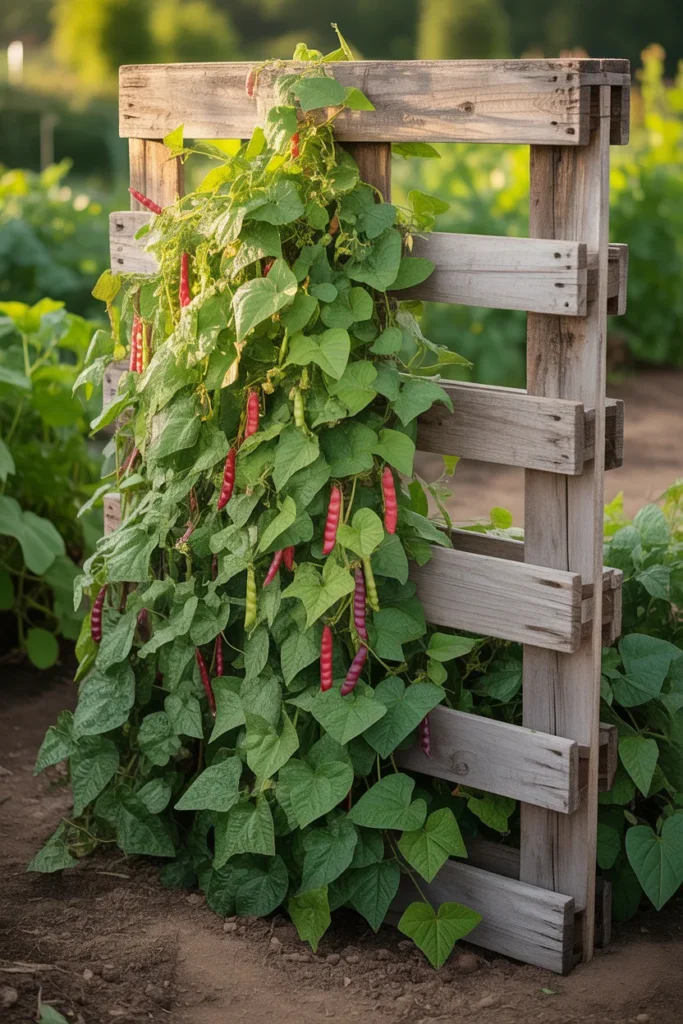 diy wooden pallet trellis used for growing climbing beans vertically