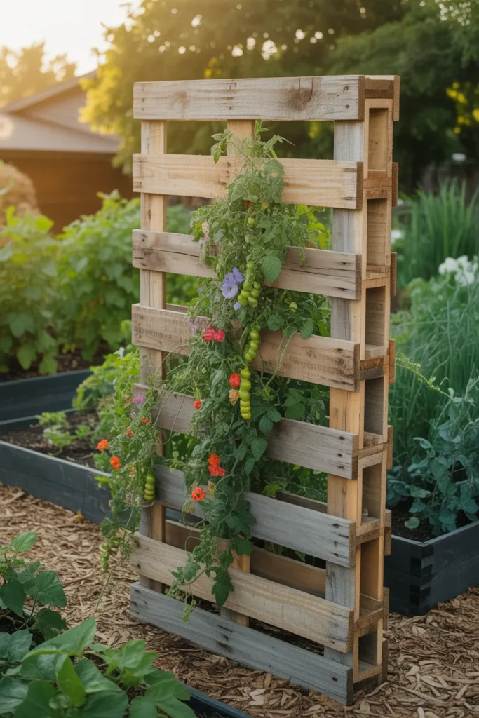 Wooden pallet trellis used as vertical support for cucumber plants in a raised bed garden
